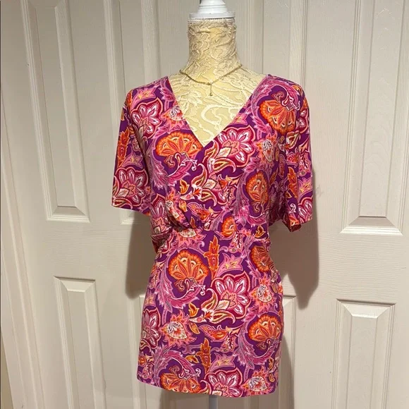 Fun and Trendy Chaps Pink and Orange Wrap Blouse Short Sleeve 2X - Picture 1 of 6